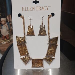 Ellen Tracy Designer 16" Goldtone Statement Necklace And Matching Earrings Set